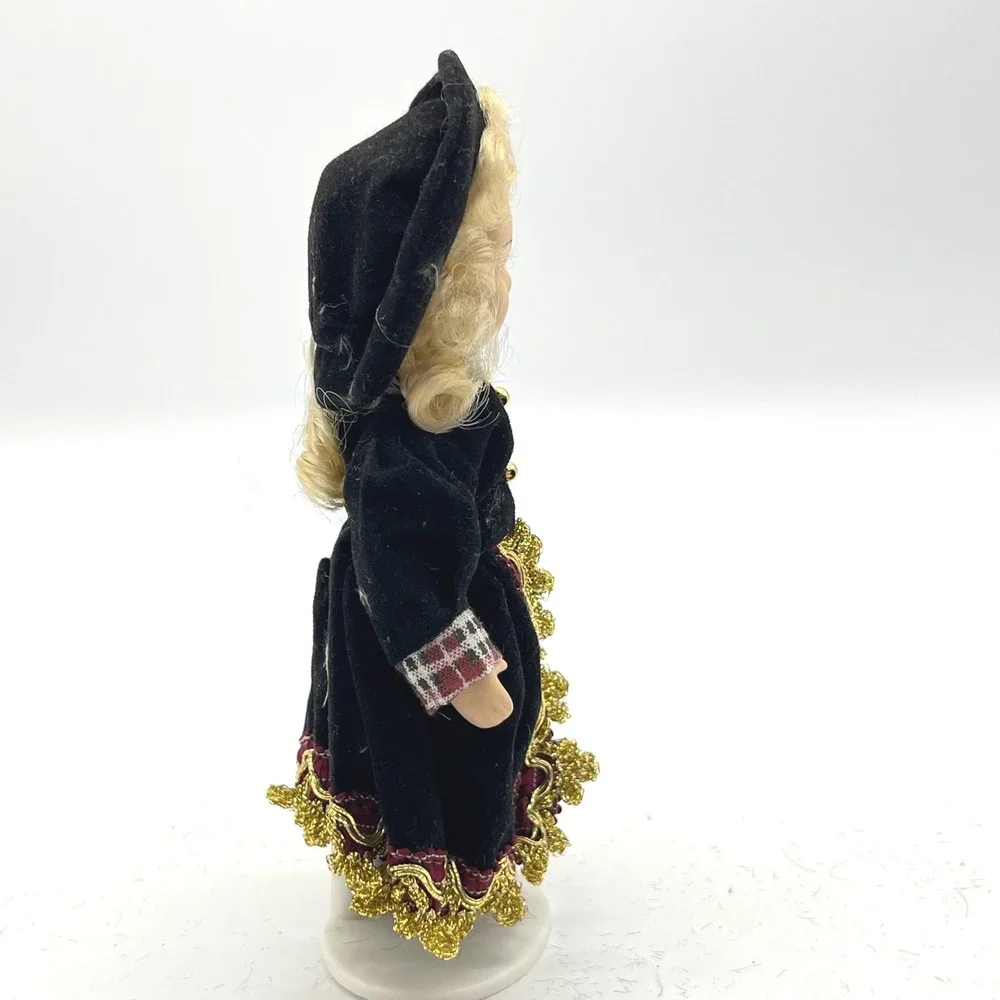 Vintage Miniature Porcelain Doll‎ Blonde Velvet Gold Trim Victorian Style 6in